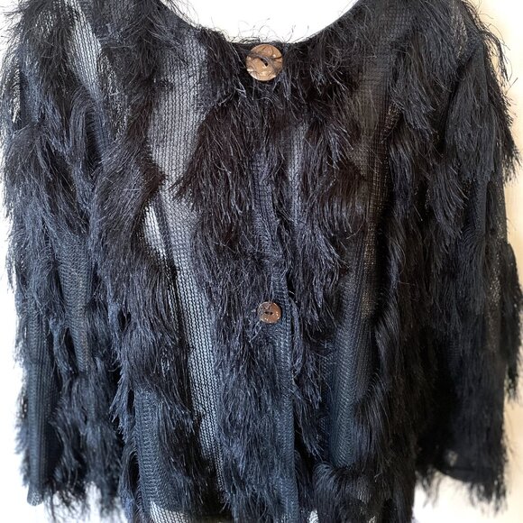 NWOT Colleen Lopez Women's Medium Navy Blue 3/4 sleeve Fun Feathery Sweater - Picture 3 of 10